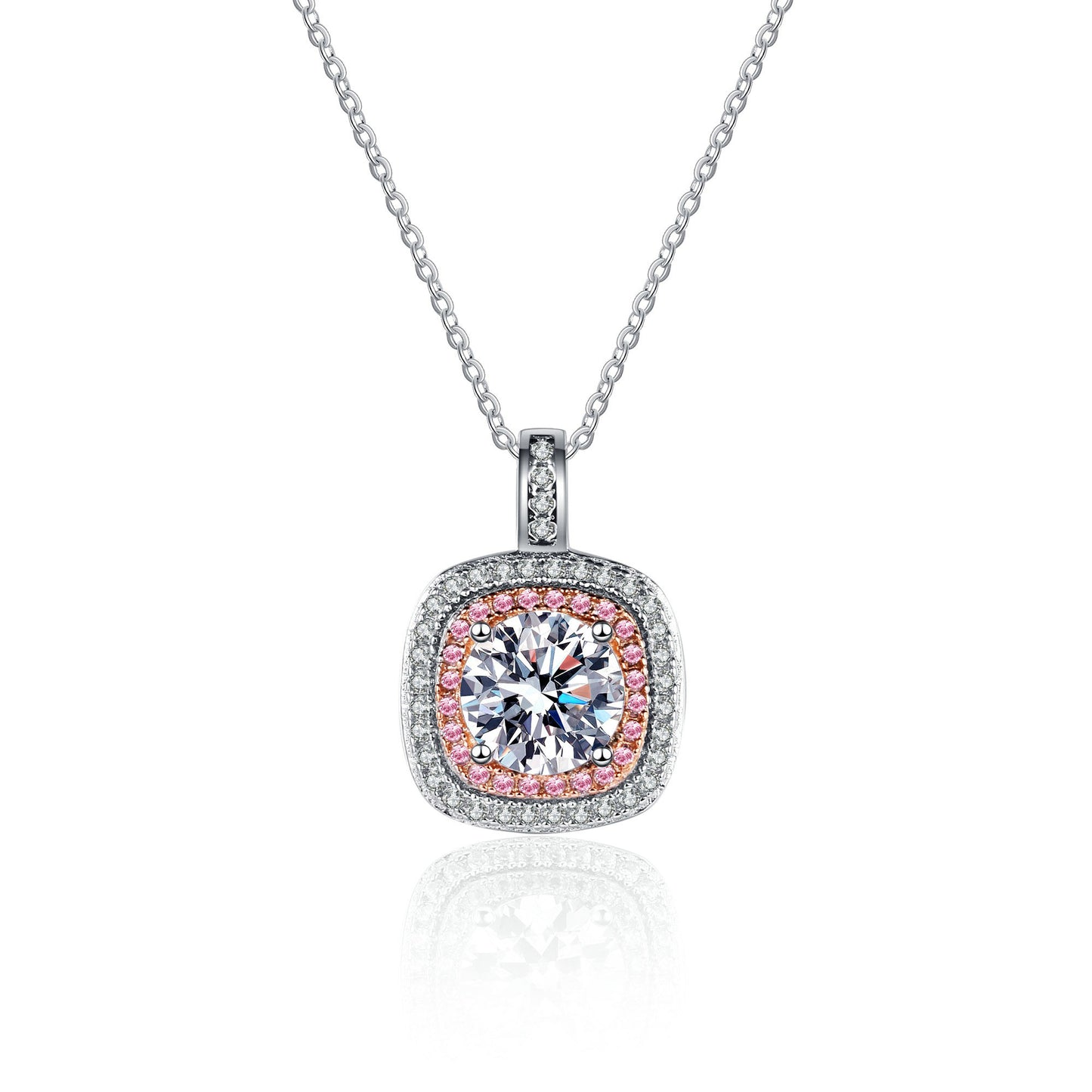 Collar S925 con colgante de moissanita de 1 quilate con halo rosa de corte redondo y cuadrado doble