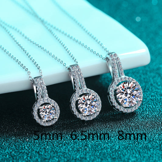 Round Halo 0.5-5 Carat Moissanite Pendant Pave Bail Platinum-Plated S925 Necklace