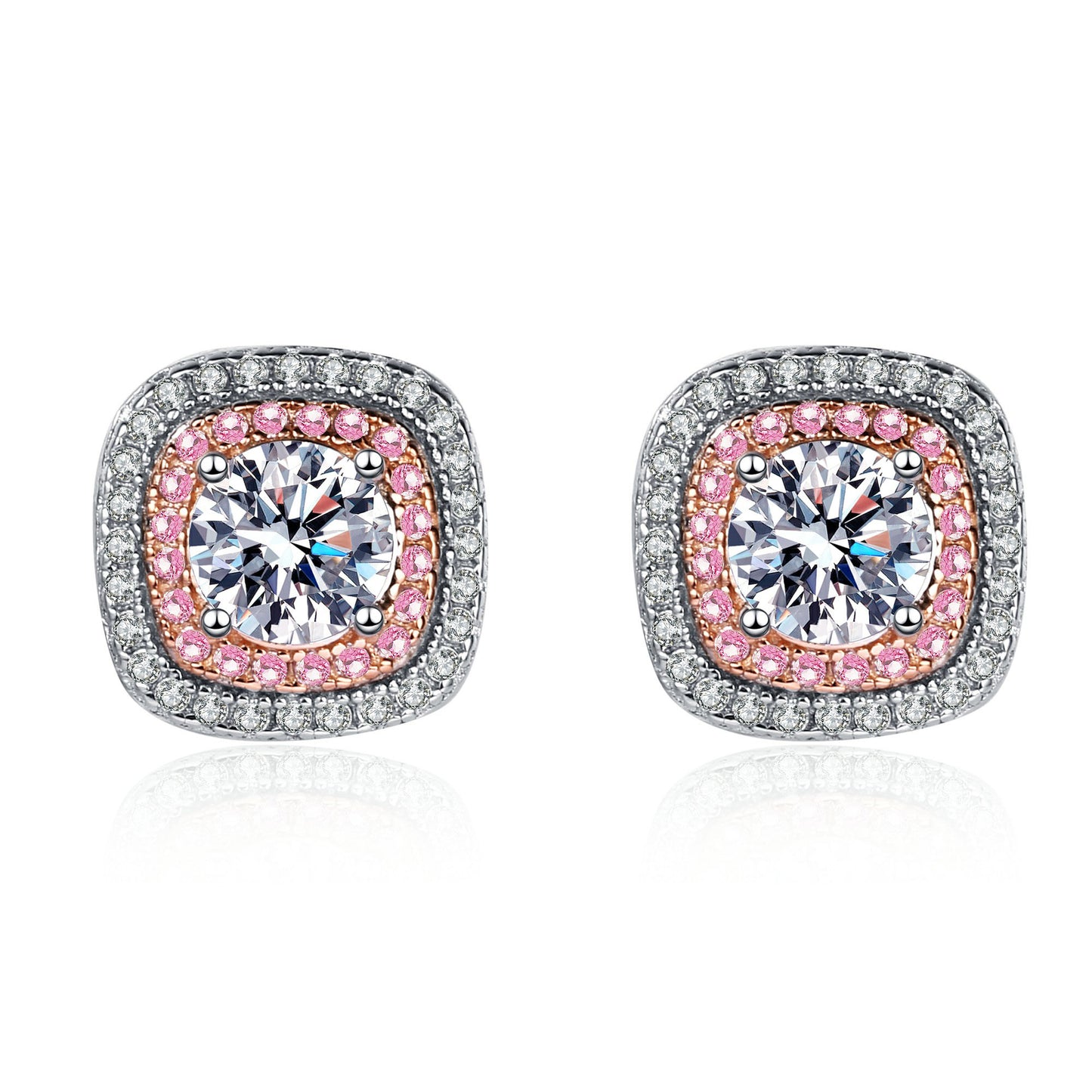 Double Square Round Cut Halo 0.5 Carat Moissanite Diamond S925 Stud Earrings