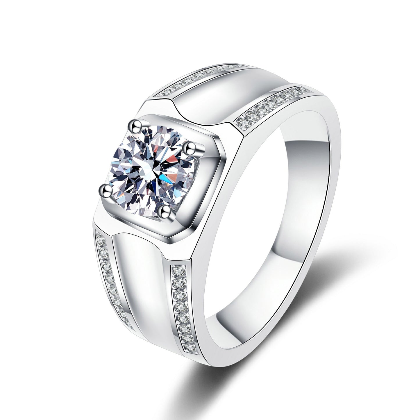 Round Cut Pave Solitaire 1 Carat Moissanite Diamond S925 Man Ring