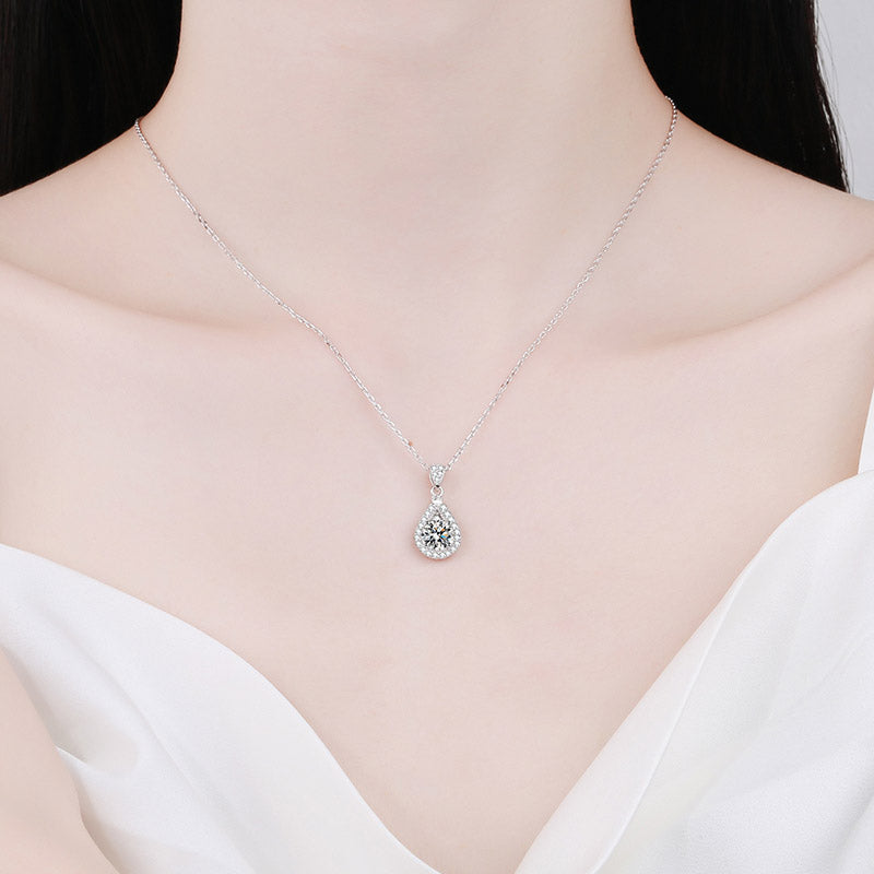 Waterdrop Round Cut Halo 1 - 5 Carat Moissanite Platinum Plated S925 Necklace