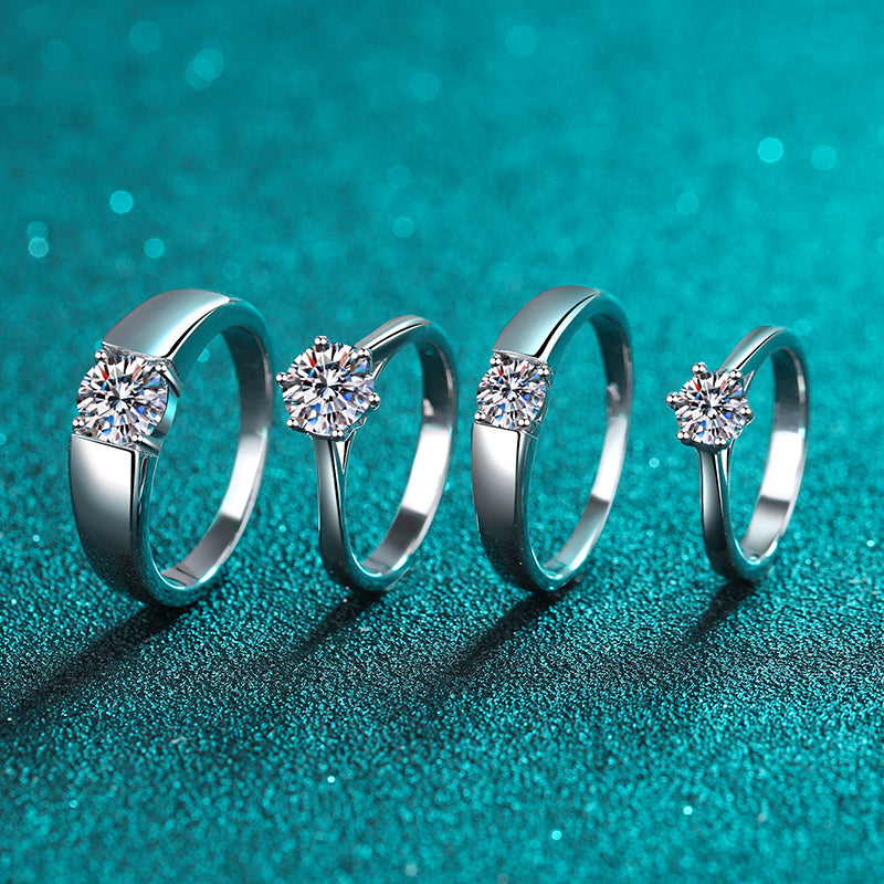 Fantastic Round Solitaire 0.5 - 1.5 Carat Moissanite S925 Wedding Set as Couple Rings or Promise Rings (Adjustable size available)