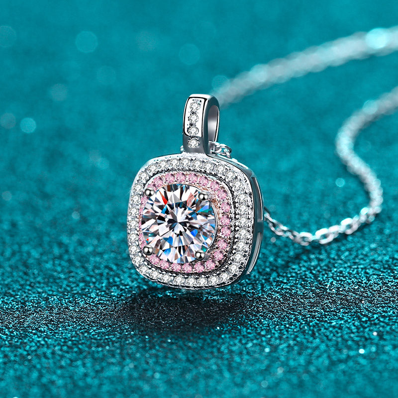 Collar S925 con colgante de moissanita de 1 quilate con halo rosa de corte redondo y cuadrado doble