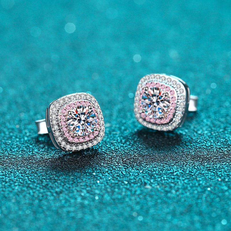 Double Square Round Cut Halo 0.5 Carat Moissanite Diamond S925 Stud Earrings