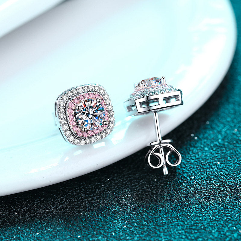 Double Square Round Cut Pink Halo 0.5 / 1 Carat Moissanite 4-Piece S925 Jewelry Set (Ring, Earrings, Necklace)
