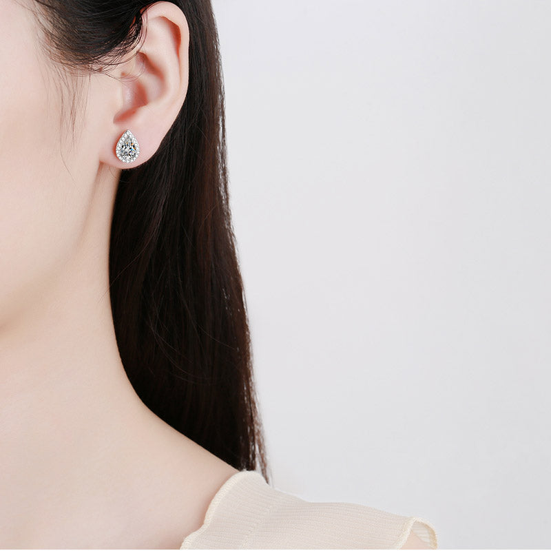 Pear Cut Halo 1 Carat Moissanite 3-Piece S925 Jewelry Set (Stud Earrings and Necklace)