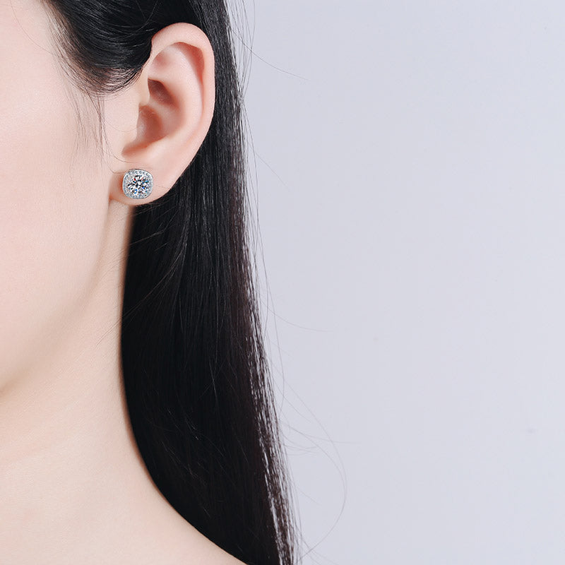 Square Round Cut Halo 0.5/1 Carat Moissanite Diamond S925 Stud Earrings