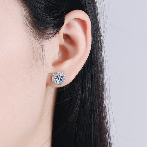 Helia Square Halo Round Moissanite Stud Earrings — Moisza