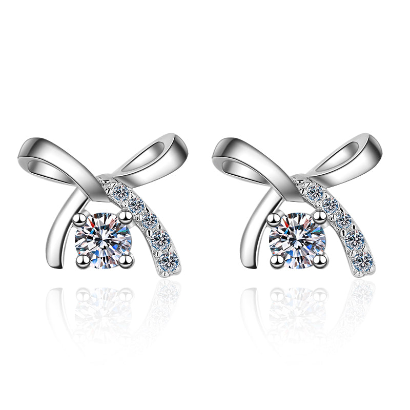 Ribbon Round Cut 0.1 Carat Moissanite Diamond Platinum-Plated S925 Stud Earrings