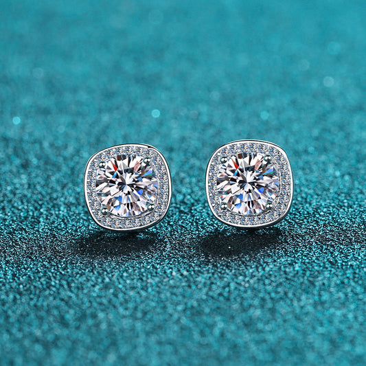 Square Round Cut Halo 0.5/1 Carat Moissanite Diamond S925 Stud Earrings