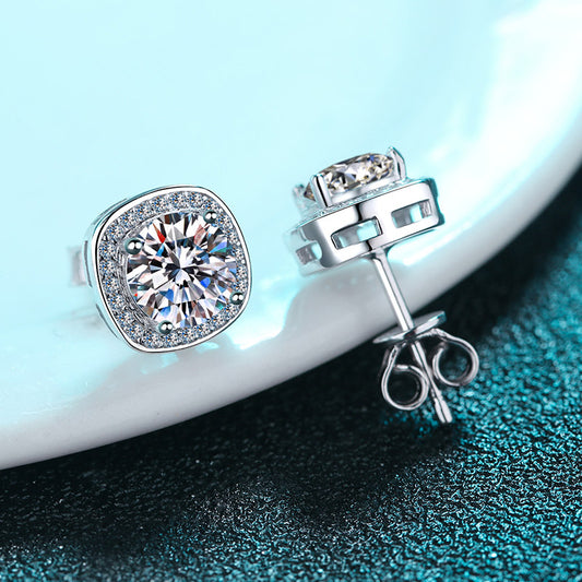 Square Round Cut Halo 0.5/1 Carat Moissanite Diamond S925 Stud Earrings