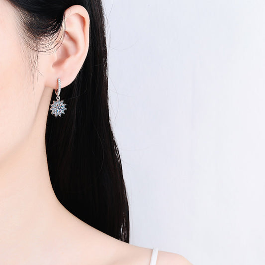 Sunflower Round Cut 0.5 / 1 Carat Moissanite Diamond Platinum-Plated S925 Pave Leverback Drop Earrings