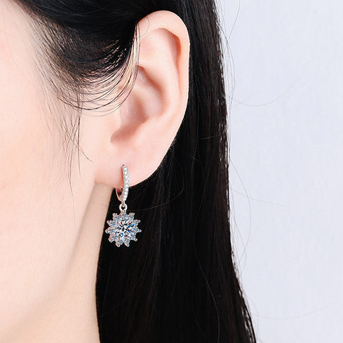 Helia Sunflower Halo Pavé Round Moissanite Drop Earrings — Moisza