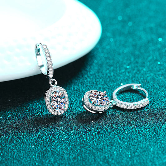 Oval Cut Halo 1 Carat Moissanite Diamond Platinum-Plated S925 Pave Leverback Drop Earrings