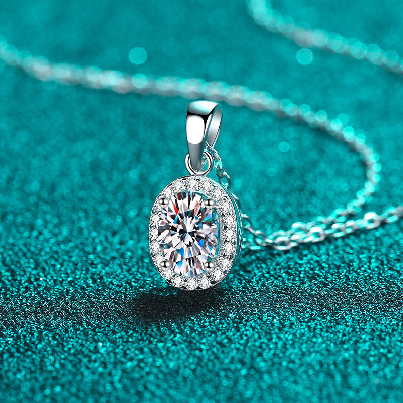 Oval Cut Halo 1 Carat Moissanite Pendant Platinum-Plated S925 Necklace