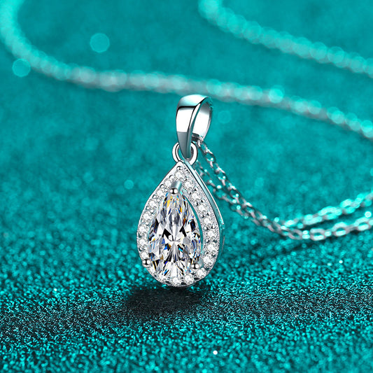 Pear Cut Halo 1 Carat Moissanite Pendant Platinum-Plated S925 Necklace