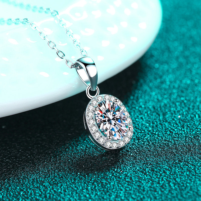 Oval Cut Halo 1 Carat Moissanite Pendant Platinum-Plated S925 Necklace