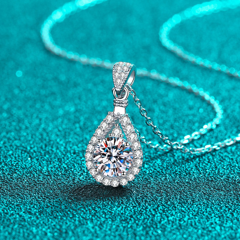 Waterdrop Round Cut Halo 1 - 5 Carat Moissanite Platinum Plated S925 Necklace