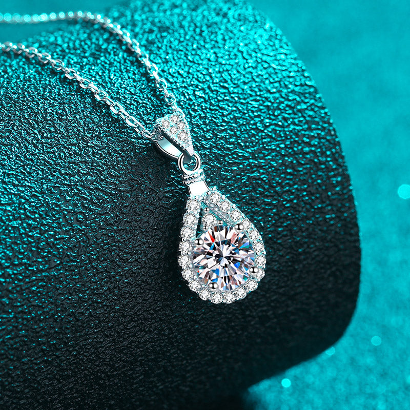 Waterdrop Round Cut Halo 1 - 5 Carat Moissanite Platinum Plated S925 Necklace