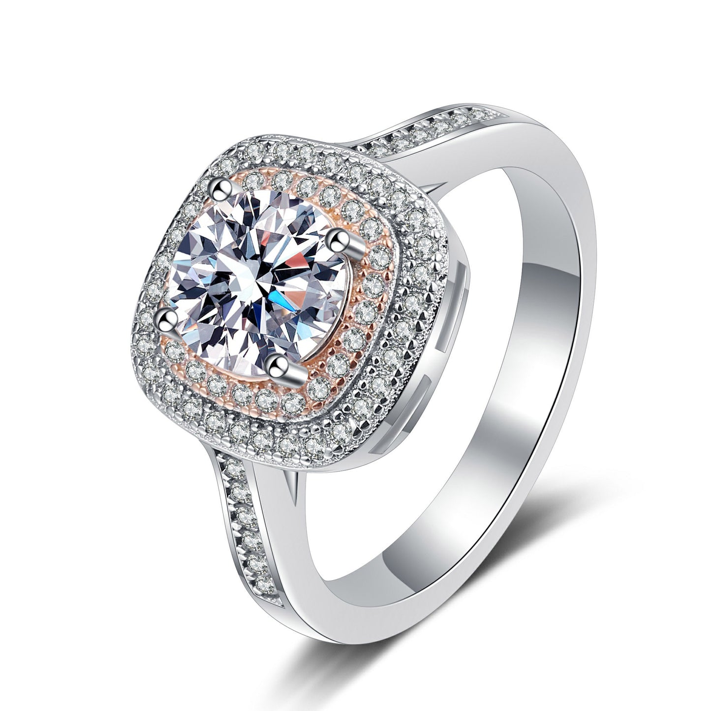 Anillo de compromiso S925 de diamante moissanita de 1 quilate con halo pavé de talla redonda y doble cuadrado