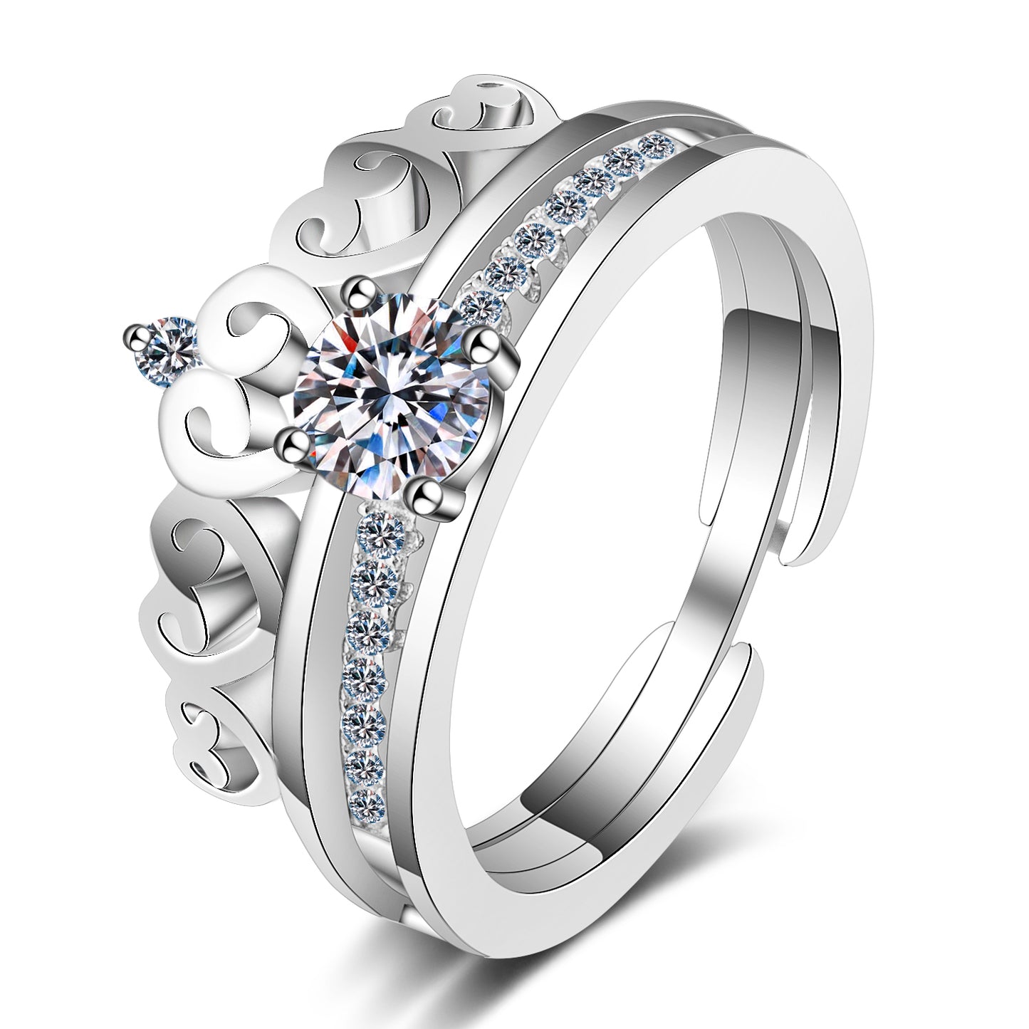 Royal Round Cut Solitaire 0.5 Carat Moissanite Platinum Plated Engagement Ring and Crown-Shaped Band - Bridal Set
