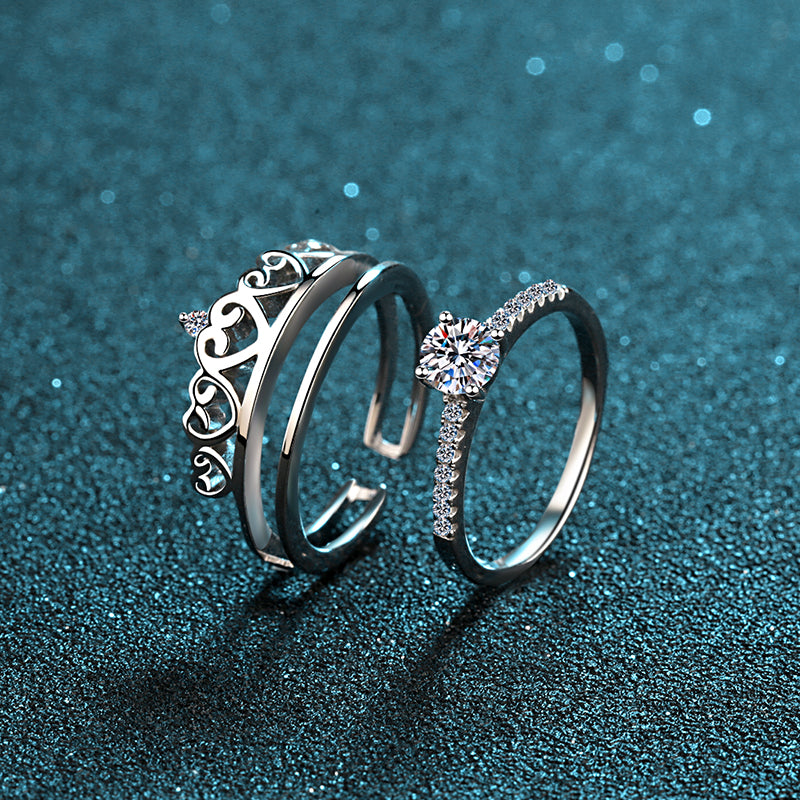 Royal Round Cut Solitaire 0.5 Carat Moissanite Platinum Plated Engagement Ring and Crown-Shaped Band - Bridal Set
