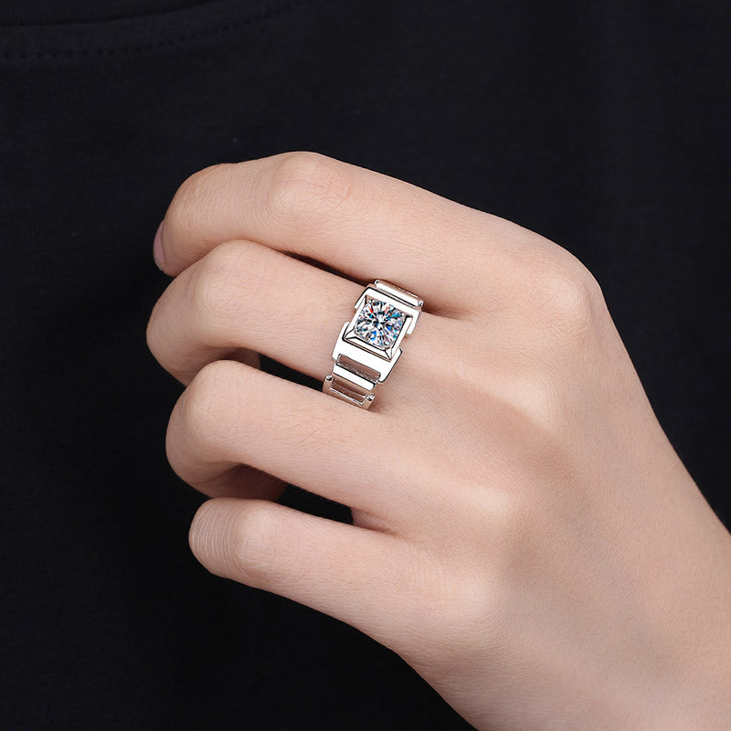 Anillo de hombre S925 con diamante moissanita de 1 quilate y solitario de corte redondo en forma de cadena