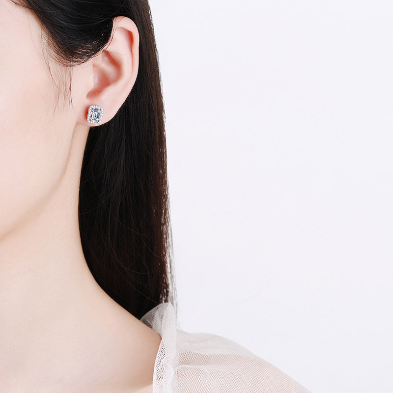 Aretes con diamantes de moissanita S925 de 0,5/1/2 quilates con halo de talla esmeralda/radiante