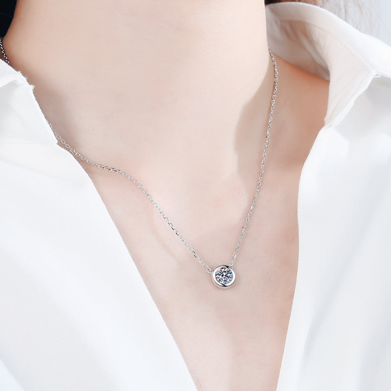Bezel Set Round Cut Solitaire 0.5/1 Carat Moissanite Diamond S925 Necklace