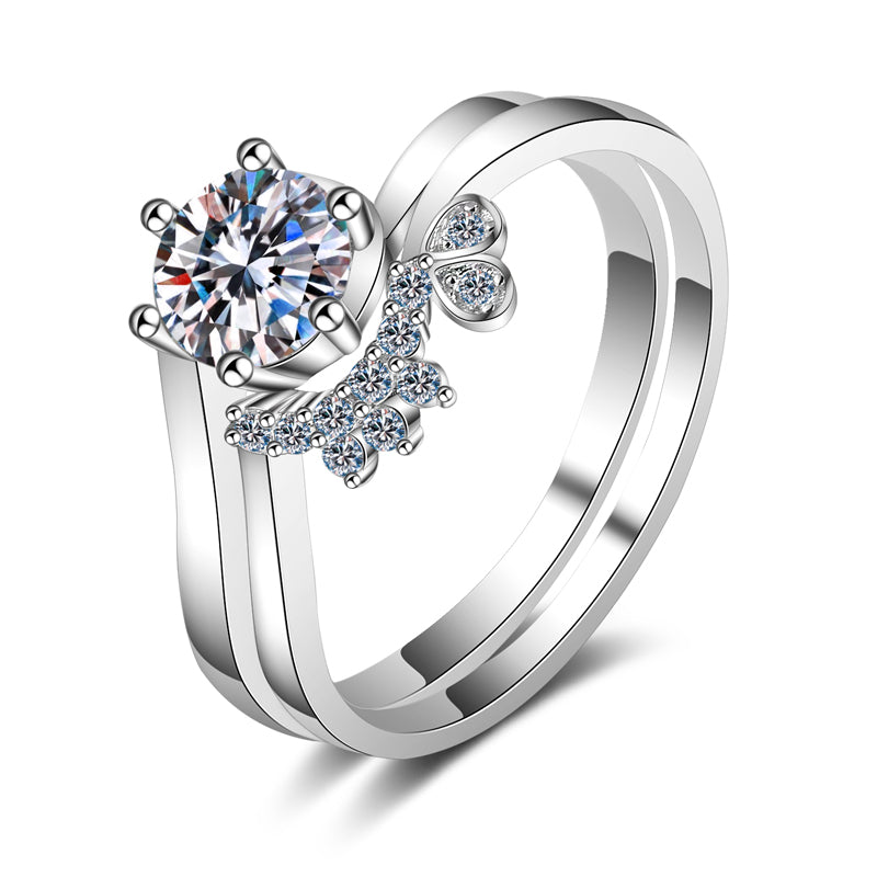 Bypass Round Cut Solitaire 0.8 Carat Moissanite Platinum Plated Engagement Ring and Fancy Band - Bridal Set
