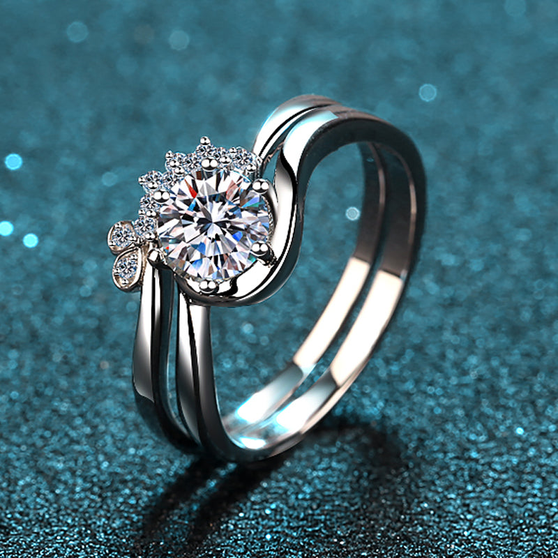 Bypass Round Cut Solitaire 0.8 Carat Moissanite Platinum Plated Engagement Ring and Fancy Band - Bridal Set