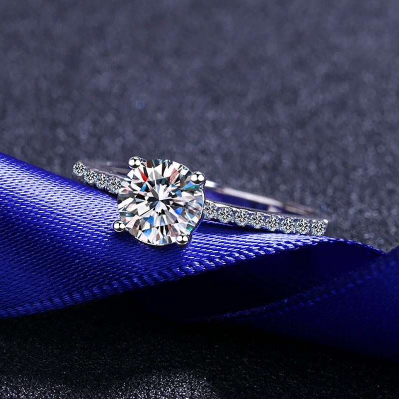 Round Cut 4-Prong Pave Solitaire 1 Carat Moissanite Diamond Platinum Plated S925 Engagement Ring
