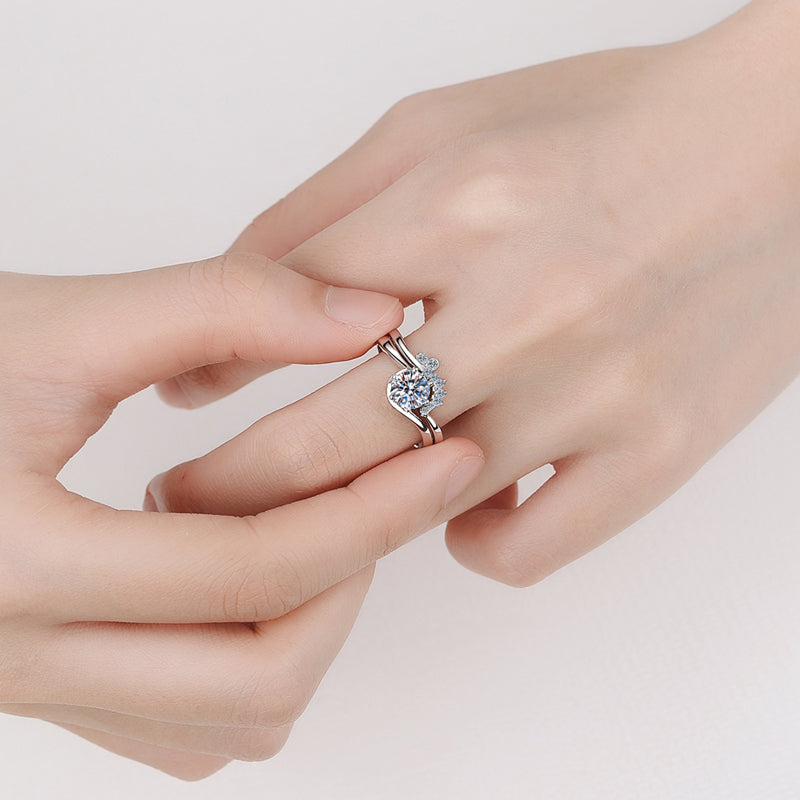 Bypass Round Cut Solitaire 0.8 Carat Moissanite Platinum Plated Engagement Ring and Fancy Band - Bridal Set