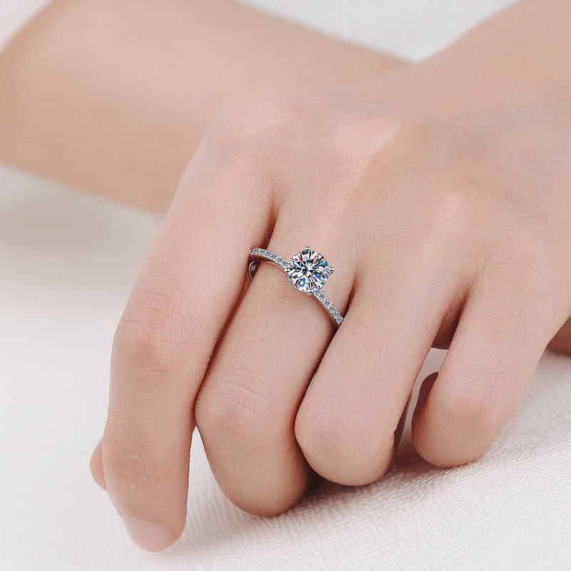 Round Cut 4-Prong Pave Solitaire 1 Carat Moissanite Diamond Platinum Plated S925 Engagement Ring