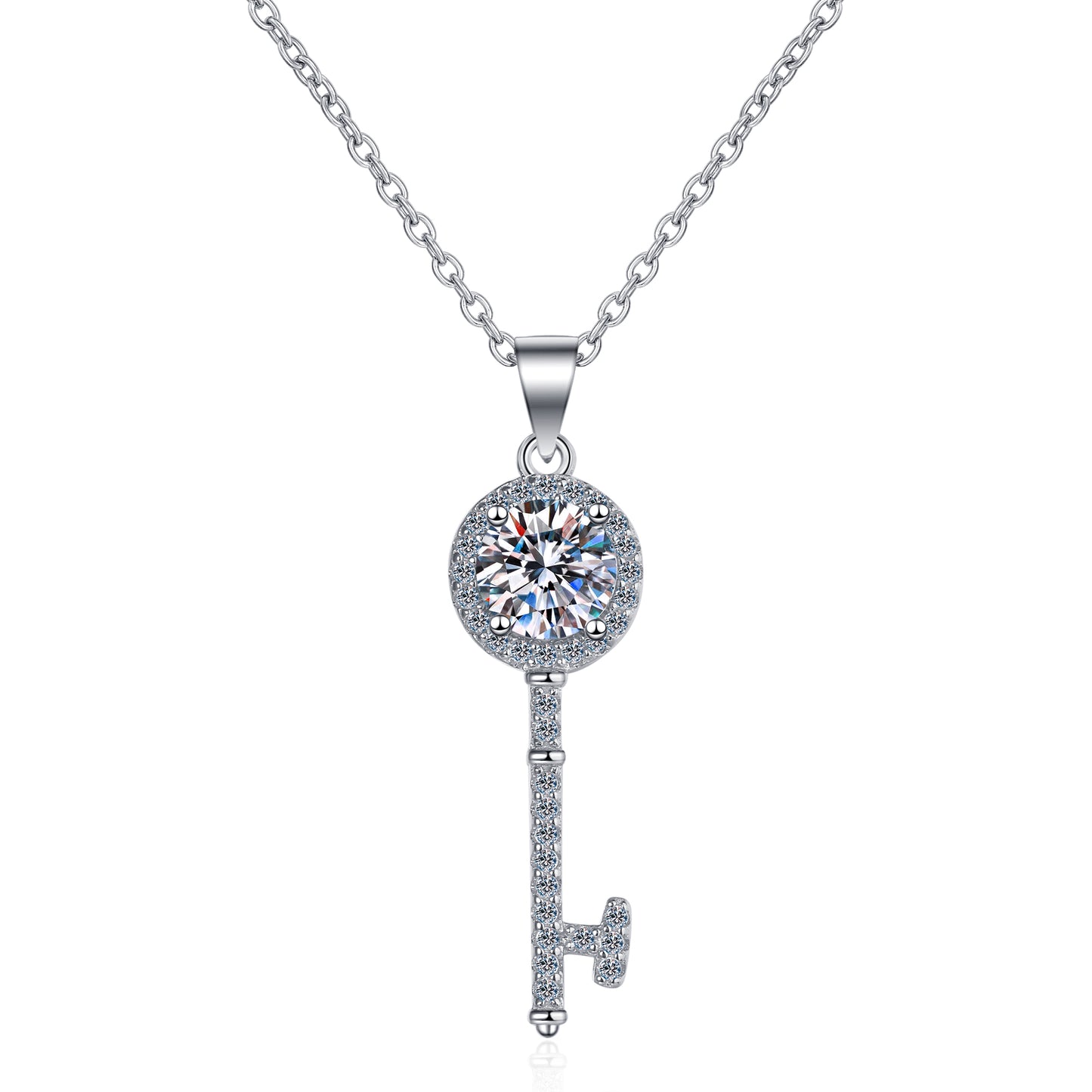 Collar con colgante S925 chapado en platino de moissanita de 0,5/1 quilate con halo de talla redonda y llave pavé