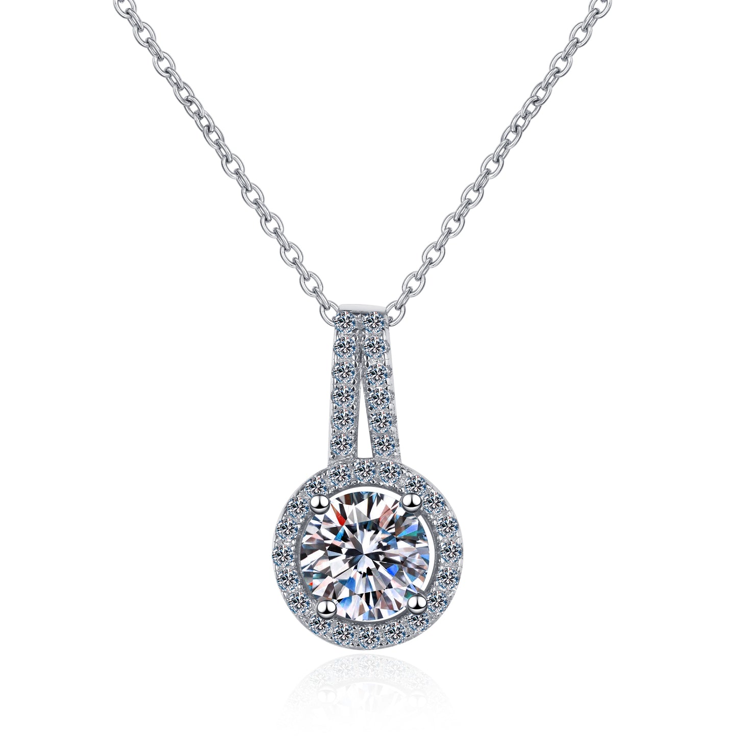 Round Halo 0.5-5 Carat Moissanite Pendant Pave Bail Platinum-Plated S925 Necklace