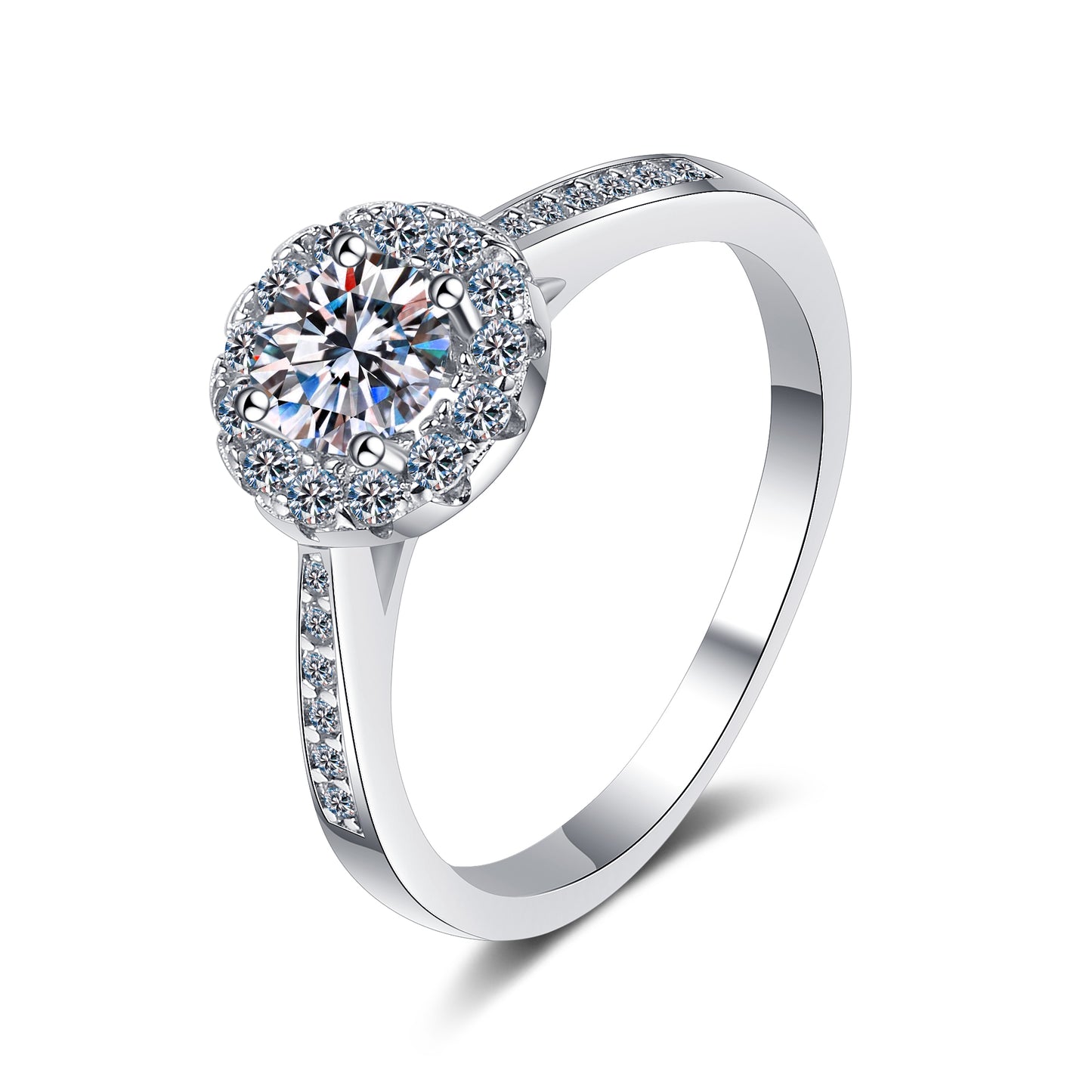 Verlobungsring mit Halo-Moissanit-Diamant im Rundschliff, Pavé-Fassung, 0,3/0,5/1/2 Karat, S925