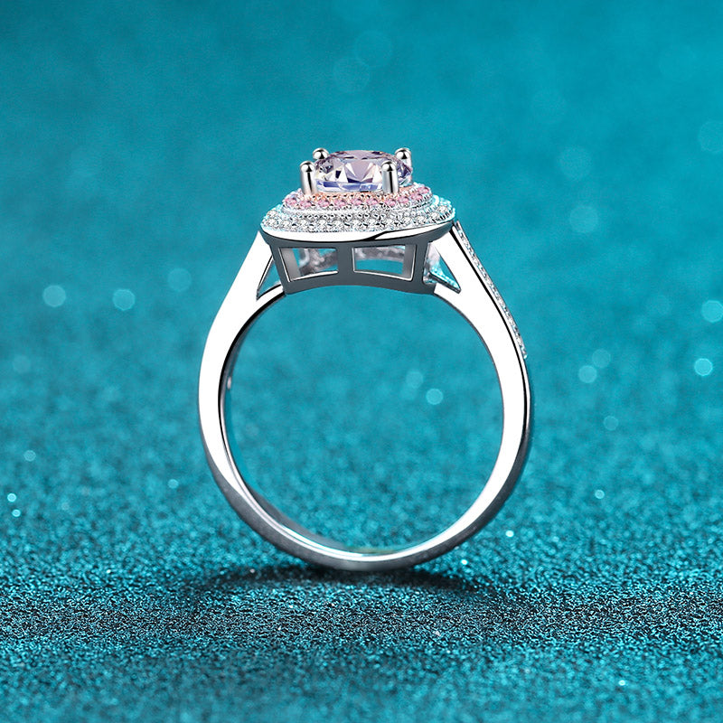 Anillo de compromiso S925 de diamante moissanita de 1 quilate con halo pavé de talla redonda y doble cuadrado