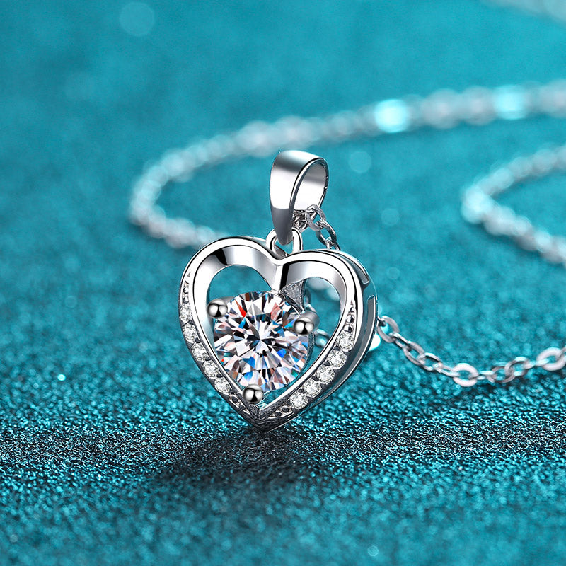Classic Pave Heart Round Cut 1 Carat Moissanite S925 Pendant Necklace