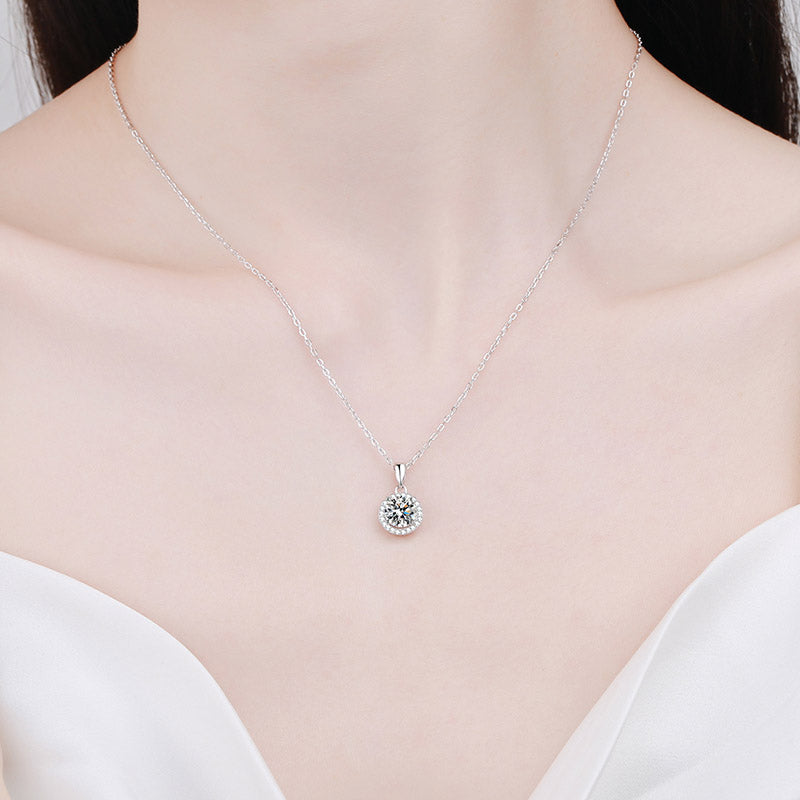 Round Cut Halo 1 Carat Moissanite 3-Piece S925 Jewelry Set (Drop Earrings and Necklace)