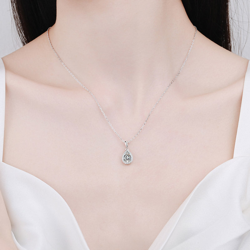 Pear Cut Halo 1 Carat Moissanite 3-Piece S925 Jewelry Set (Drop Earrings and Necklace)