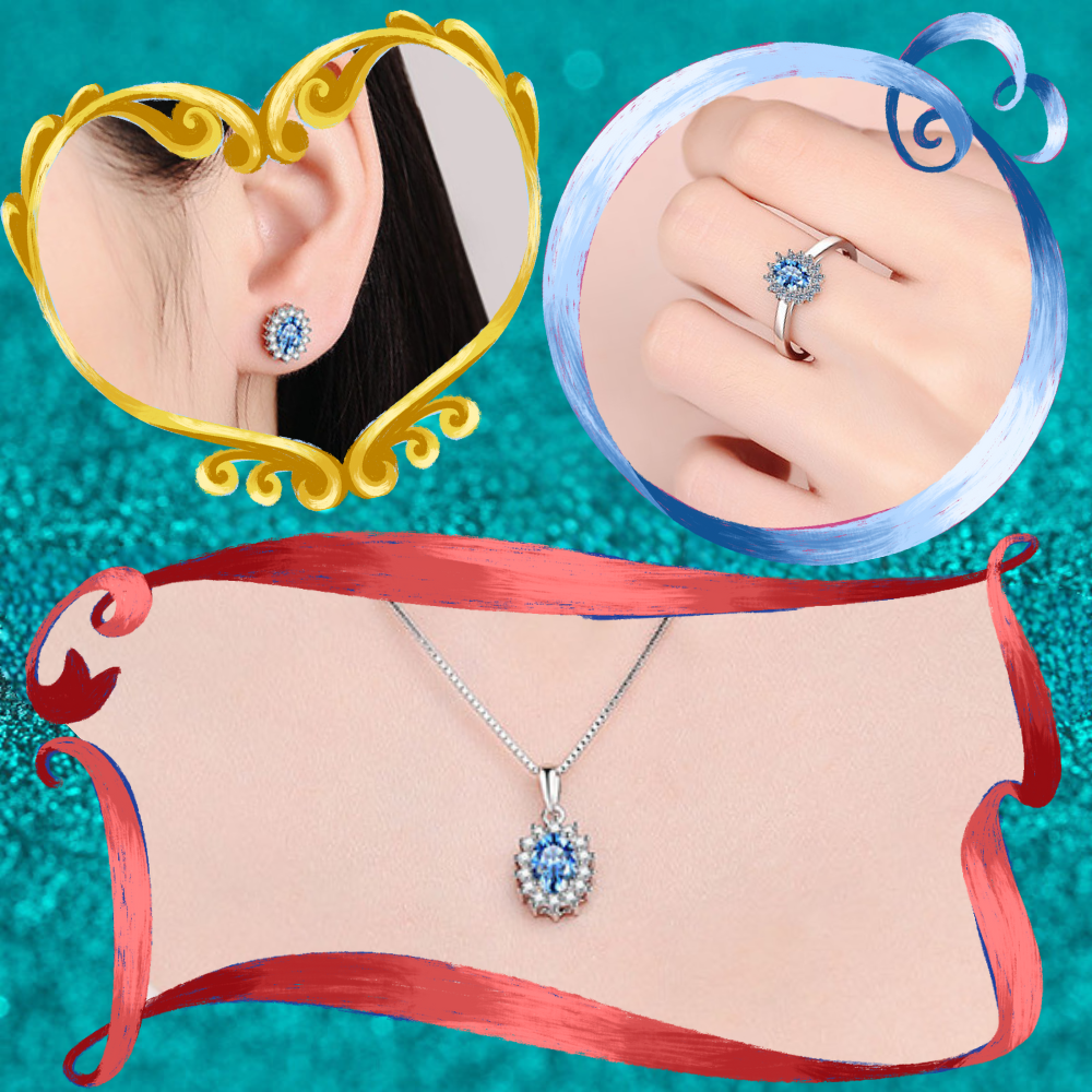 Princess Diana Oval Cut Sapphire Halo 0.5 / 1 Carat Moissanite 4-Piece S925 Jewelry Set (Ring, Earrings, Necklace)