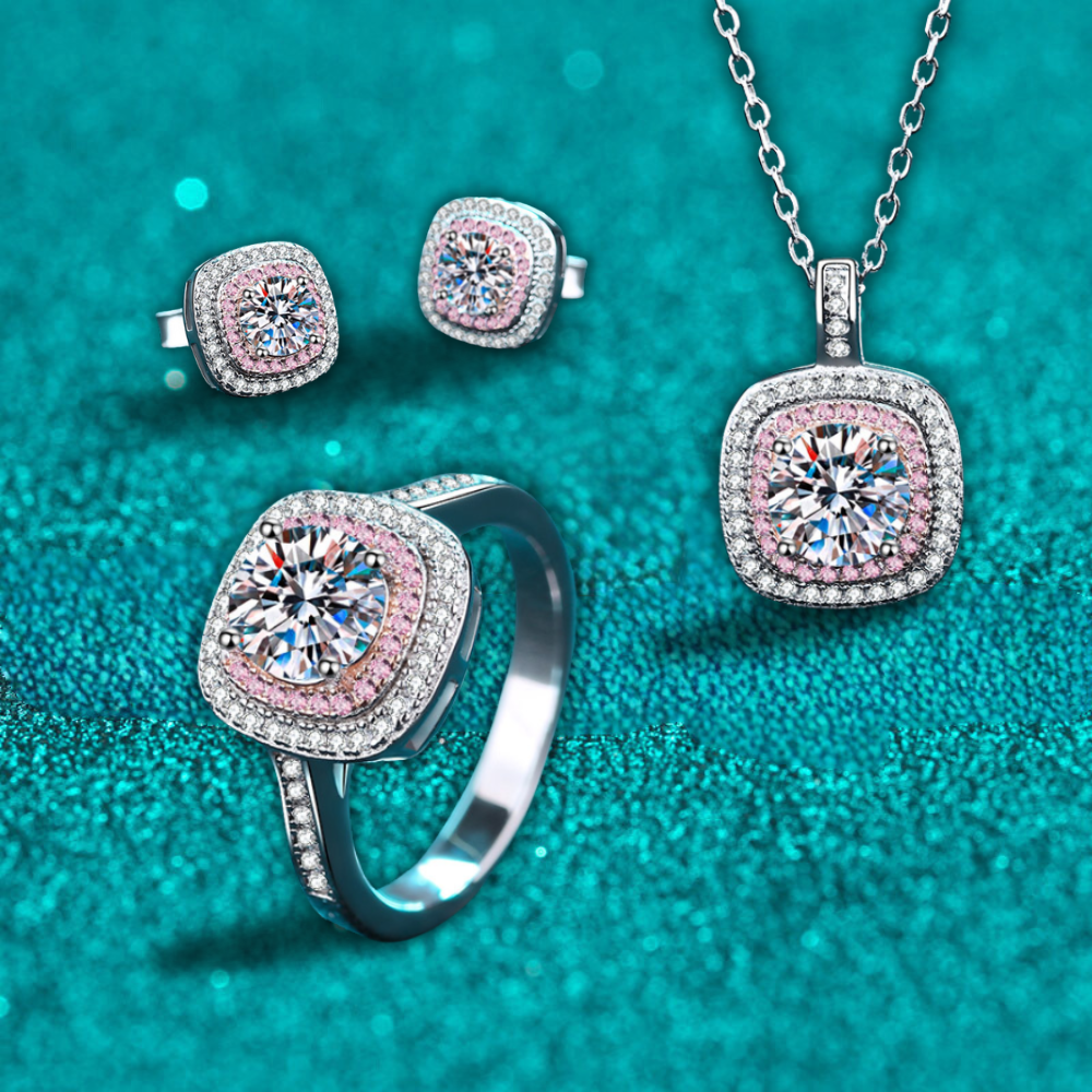 Collar S925 con colgante de moissanita de 1 quilate con halo rosa de corte redondo y cuadrado doble