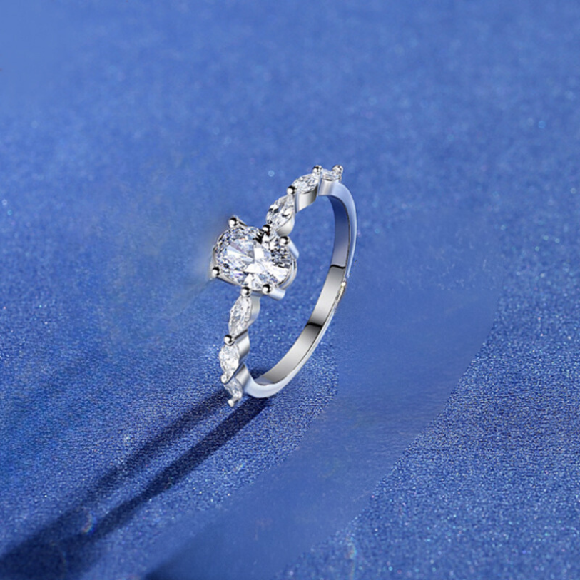 Oval Cut 1 Carat Moissanite S925 Engagement Ring with Marquise Side Stones