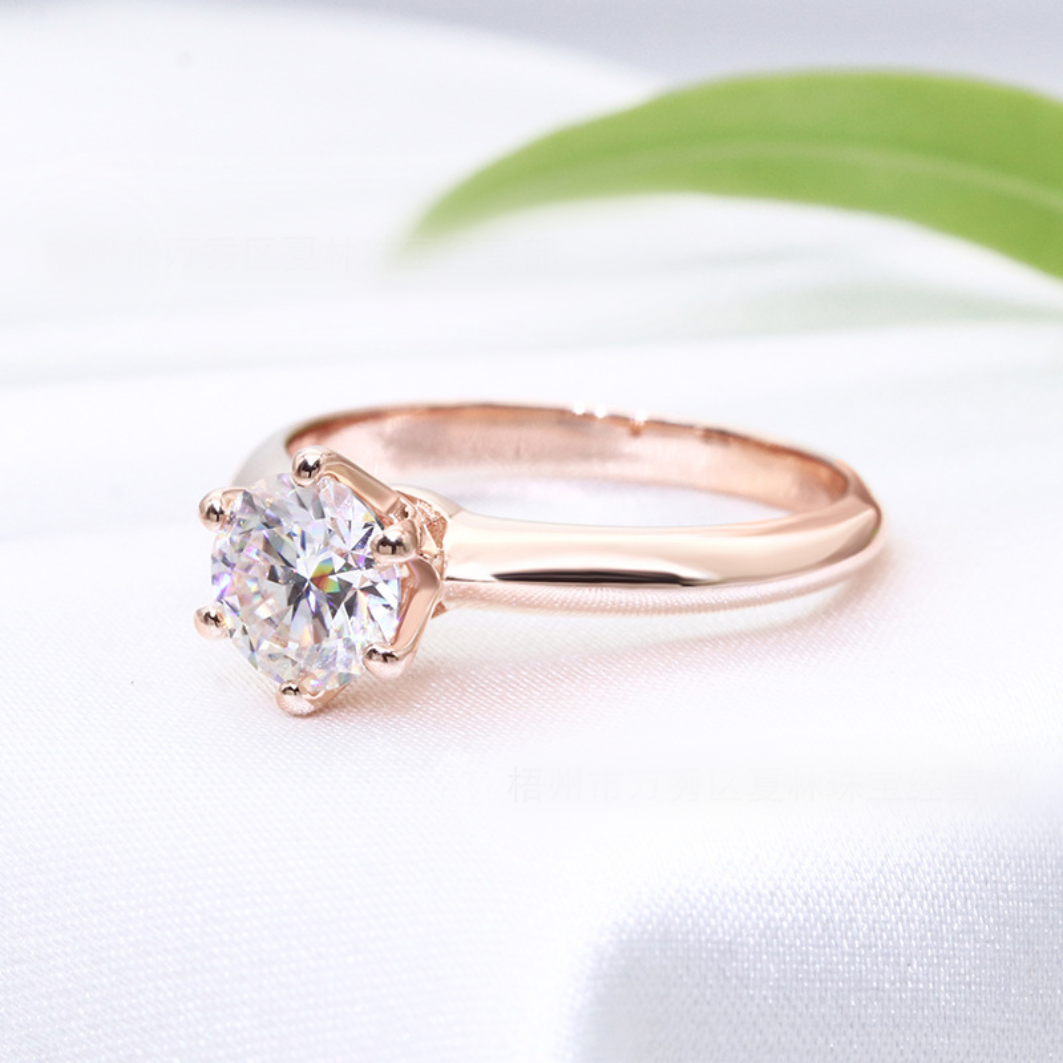 Roségold-Verlobungsring mit 6 Zinken und 1 Karat Moissanit-Diamant im Rundschliff, S925