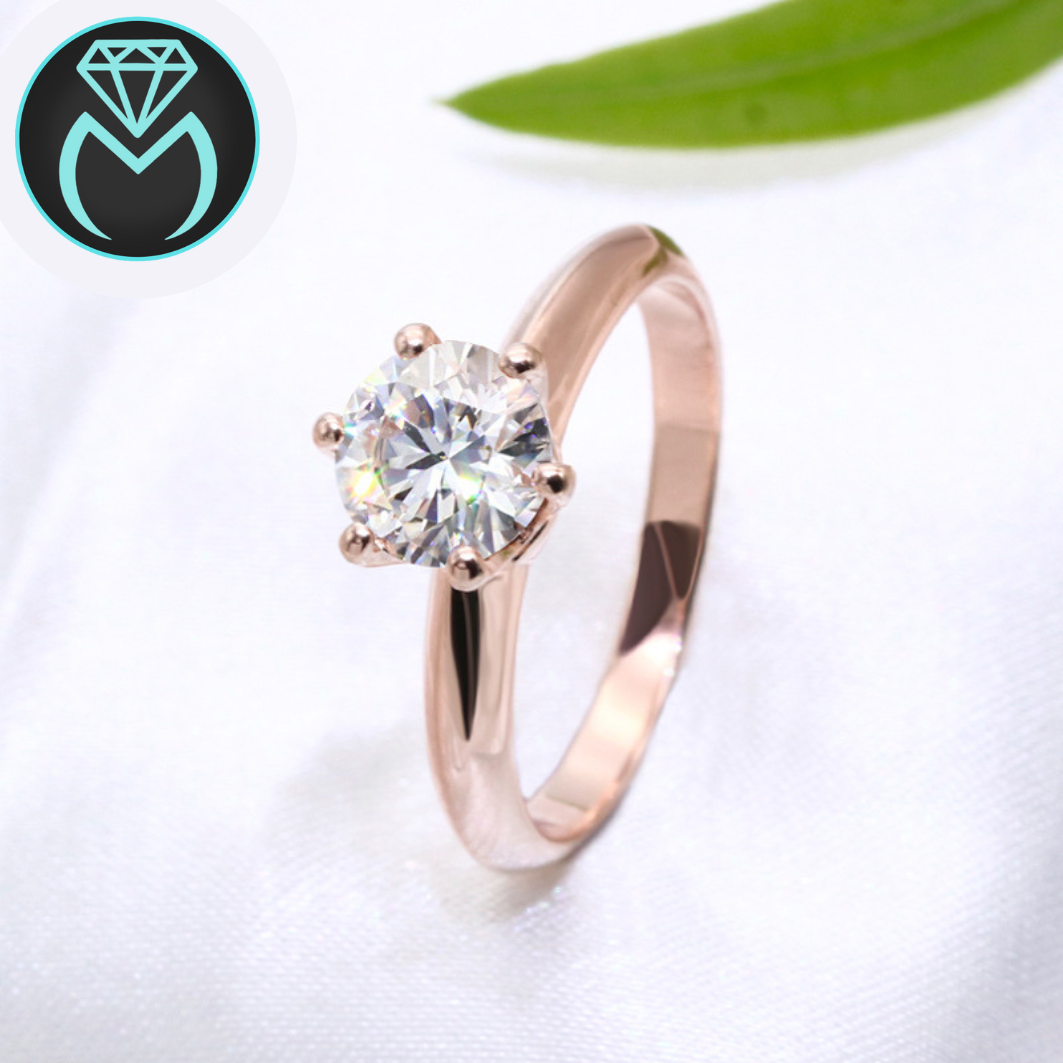 Roségold-Verlobungsring mit 6 Zinken und 1 Karat Moissanit-Diamant im Rundschliff, S925