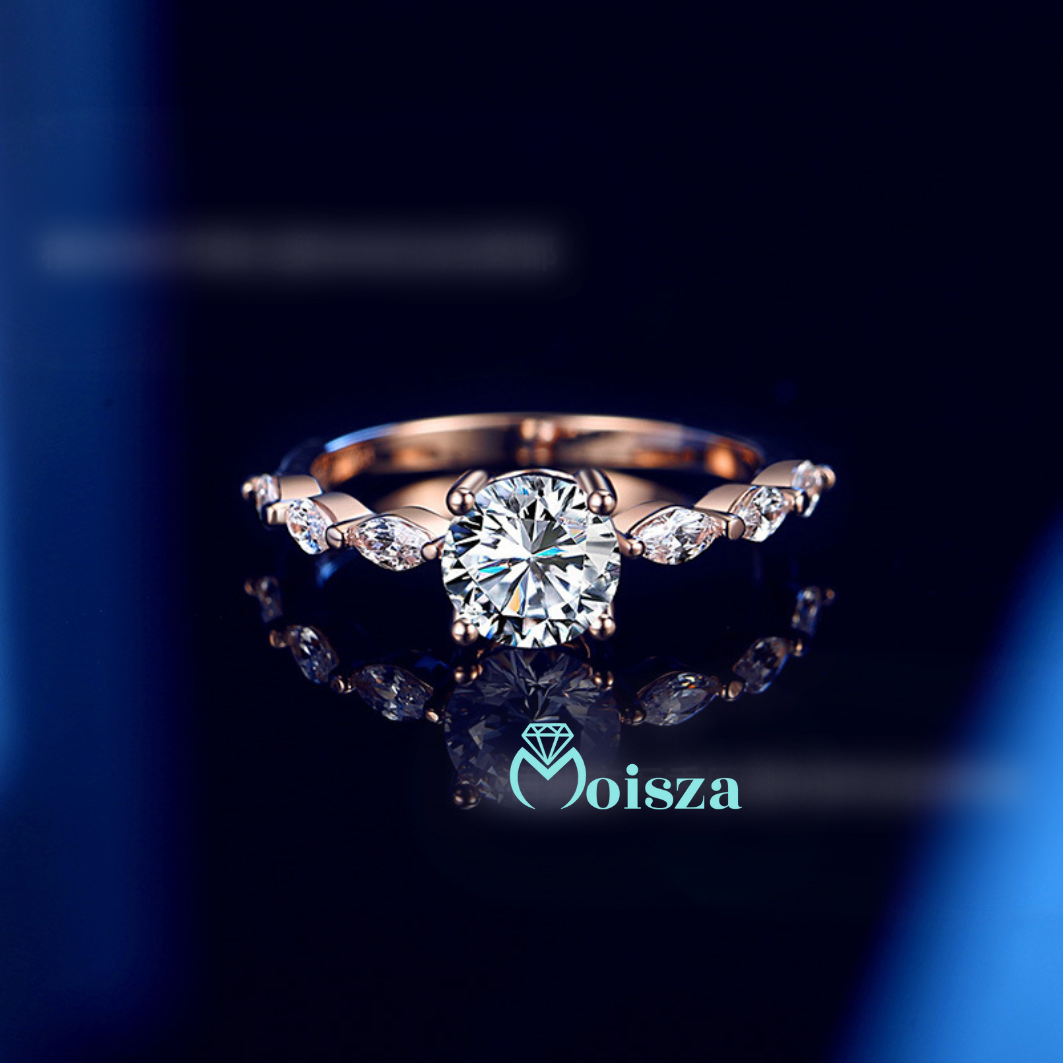 Rose Gold Yellow/White Round Cut Solitaire 1 Carat Moissanite Diamond S925  Engagement Ring With Marquise Side Stones