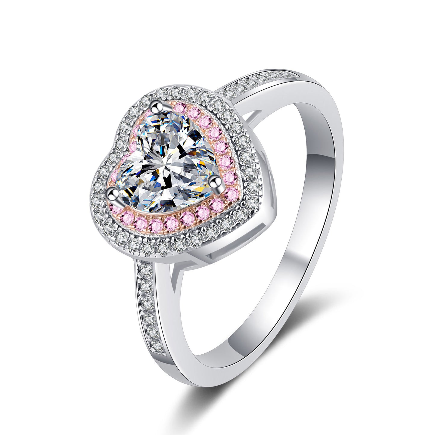 Herzförmiger Verlobungsring mit doppeltem Halo und 1 Karat Moissanit-Diamant aus S925 in Pavé-Fassung in Rosa