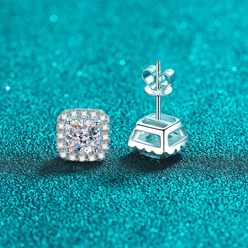 Pendientes de tuerca con diamantes de moissanita S925 con halo de talla cojín de 0,5/1 quilate