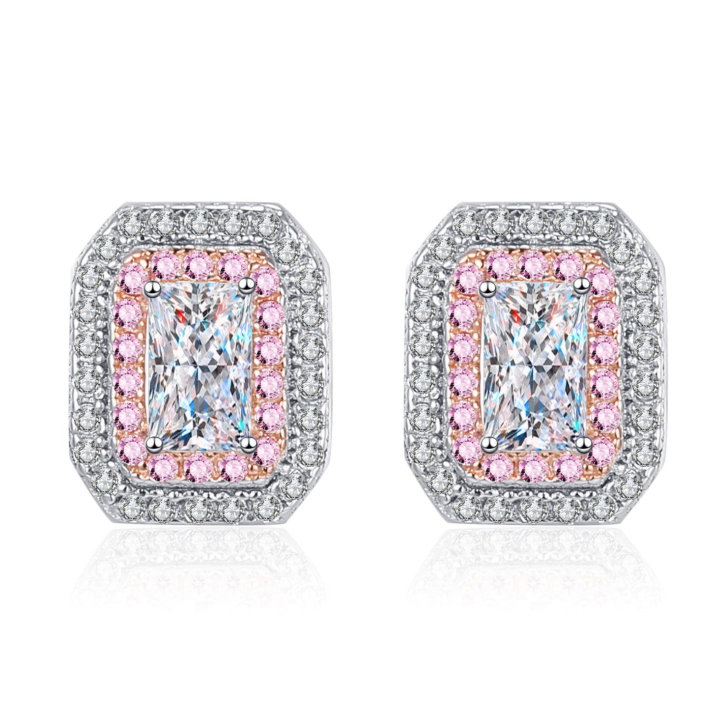 Emerald/Radiant Cut Pink Double Halo 0.5 Carat Moissanite Diamond S925 Stud Earrings
